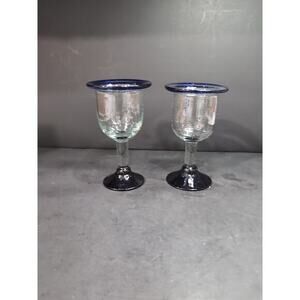 Hand Blown Glass Wine Goblets, Cobalt Blue Rim & Base, Bubbles Design, Drinkware
